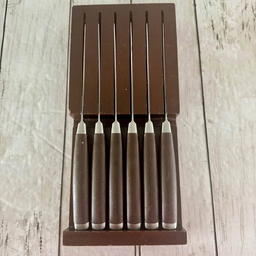 Fiesta 6 Piece Steak Knife Set with Wood Block Chocolate Brown Stainless Steel